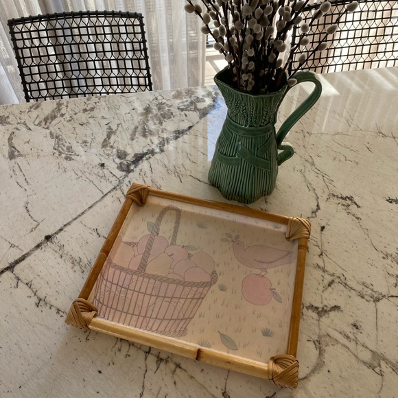 Alpac Vintage 80s Fiberglass Bamboo Tray Pastel Apples Basket Bird Design - Picture 10 of 14